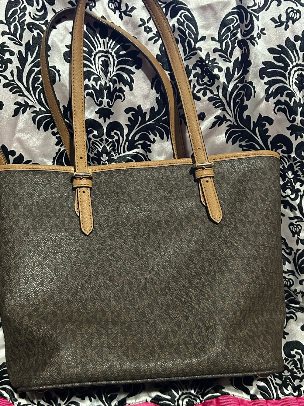Authentic Michael Kors Retail Jet Set Large Snap Pocket Tote - Brown Monogram